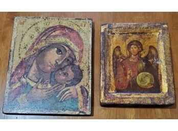 Two Vintage Beautiful Religious Artworks - A Painting And A Print On Wood