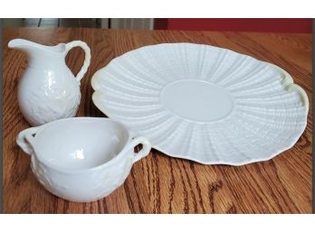 BELLEEK: Three Elegant Cream With Yellow Accents Belleek Items- Serving Dish, Sugar Bowl & Creamer