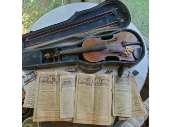 Antique Antonius Stradivarius COPY Violin, 2 Bows, Case, 1925 Sheet Music -poor Condition. For Parts / Repair