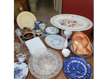 Kitchen Treasure Lot- 20' X 16' Platter, Lazy Susan Spice Racks, Laddle, Coffee Mugs, Creamers, English China