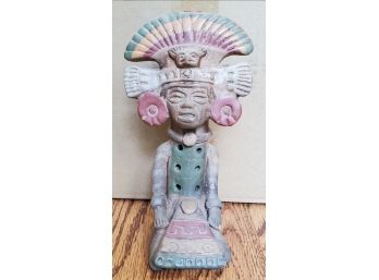 Vintage Aztec Mexican Hand- Crafted Paint Clay Pottery Flute Eagle Head Dress Circa 1960s