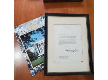 Framed & Signed Letter By Lady Bird Johnson 1966 & White House Booklet