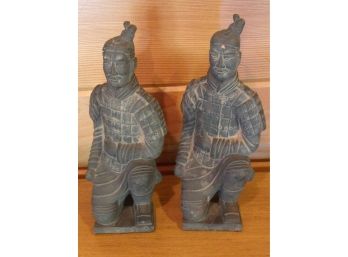 Vintage Pair Of Chinese Soldier Statues, Of Black Painted Pottery