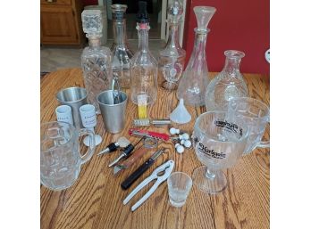 Bar Accessories Lot With Decanters, Beer Mugs, And Tools