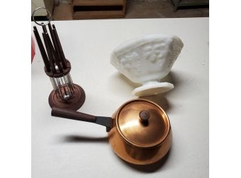 Solid Copper Fondue Set With Forks & Milk Glass Bowl