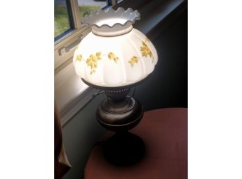 Oil Lamp Converted To Electric Lamp With Glass Shade W/ Floral Motif