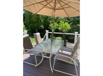 Outdoor Patio Dining Set- 1 Glass Topped Table, 4 Reclining Chairs, 1 Umbrella