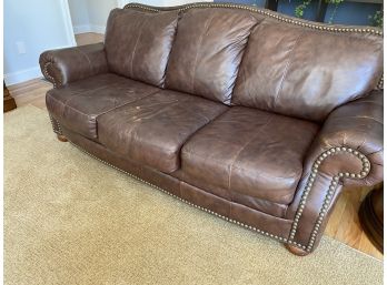 Three Seat Leather Sofa W Nail Head Trim And Bun Feet