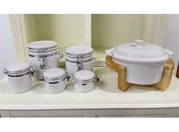 Ceramic Storage Containers And Lidded Terrine With Wooden Stand