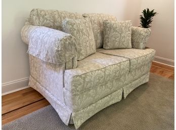 Beige And Cream Tone Upholstered Loveseat W Acanthus Leaf Pattern