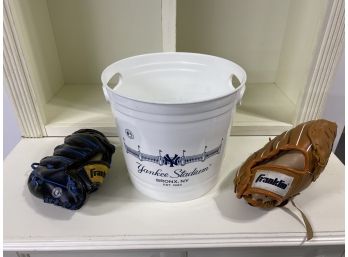 Pair Of Youth Franklin Leather Baseball Gloves And Yankee Stadium Bucket