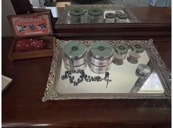 A DRESSER TRAY WITH ART DECO JARS