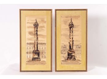 Pair Of Watercolor Studies Of A Monument Signed Waldron