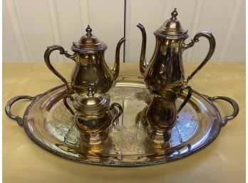 Camille Silver Plate Tea & Coffee Service, Coffee Pot, Tea Pot, Serving Trays, Creamer And Sugar