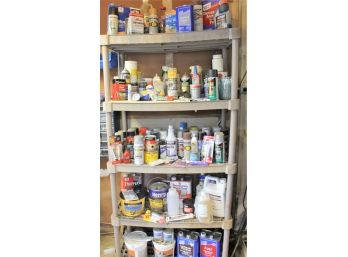 Five Shelves Full Of Various Household & Outdoor Supplies Including Spray Paint, Cleaner, Solvents, Etc