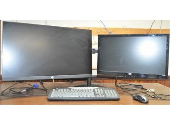 Pair Of Two HP Computer Monitors With Pole Monitor Stand, Gateway Keyboard & Logitech Mouse