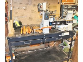 Delta Midi Lathe With Earmuffs, Face Shield, And Various Attachments, Accessories & Work Bench