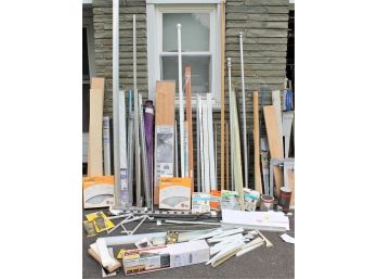 Large Lot Of Hardware, Flooring, Shelving Brackets, Transition Strips, Power Strip, Etc