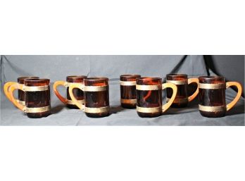 Lot Of Eight Homemade Glass Beer Mugs With Wooden Handles & Copper Straps