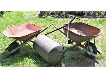 Pair Of Metal & Wood Wheelbarrows  And & Brinly-Hardy Combination Push / Tow Polly Lawn Roller