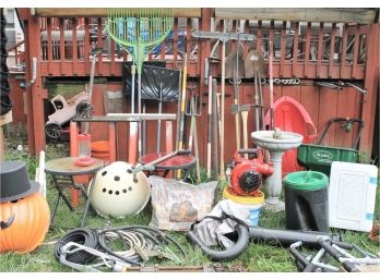 Lot Of Outdoor Tools With Shovels, Rakes And Implement's Of Destruction