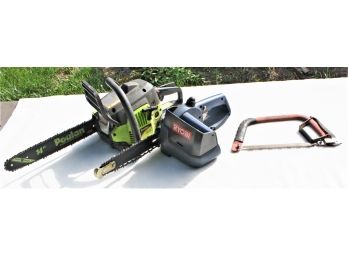 Poulan 14' Gas Chainsaw, Ryobi 18 Volt Cordless Chainsaw And Hand Saw