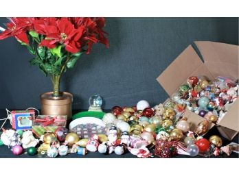 Large Lot Of Christmas Ornaments & Fiberoptic Poinsettia Tree