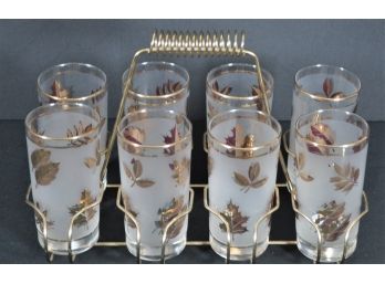 Mid Century Modern Gold Leaf Frosted Glass Tumblers With Caddy Holder