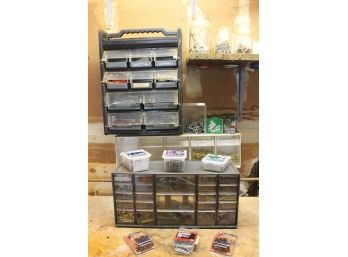 Hardware And Storage Lot With Various Screws, Nuts, Brass Fittings, Storage Containers, Etc