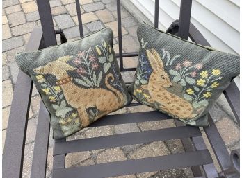 Pair Of Needle Point Pillows Featuring Dog And Hare.