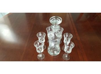 Lovely Crystal Decanter Set With Etched Design.