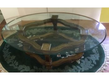 Glass Top Oval Coffee Table, Scalloped Carving Base