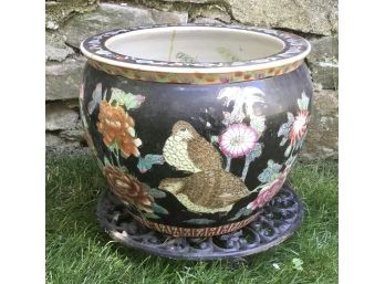 Vintage Black & Gold Birds Fish Bowl On Stand