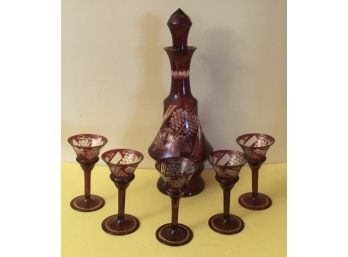 Antique Bohemian Ruby Decanter & Glasses