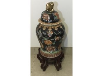 Antique Foo Dog Large Ginger Jar, Rosewood Stand.