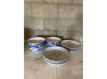 Wooden Crate With Floral Plates And China