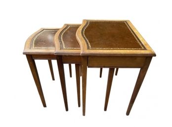 Vintage Set Of 3 Tooled Leather Top Nesting Tables W Tapered Square Legs