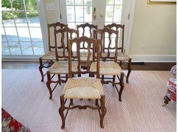 Antique Hand Carved French Dining Chairs W Double Scroll Stretchers In The Front & Rush Seats - Set Of 6