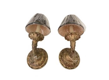 Pair Of One- Light Sconces W Black Shades - Aged Gold Finish