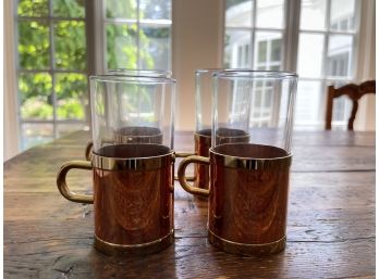 Copper W Brass Accents & Glass Inserts Coffee Mugs   - Set Of 4