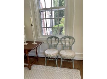 Pair Of Painted Victorian Balloon Back Side Chairs W Upholstered Fringed Seats