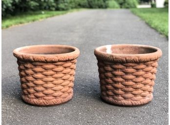 A Pair Of Basket Weave Cast Stone Outdoor Garden Planters, Terra- Cotta Color