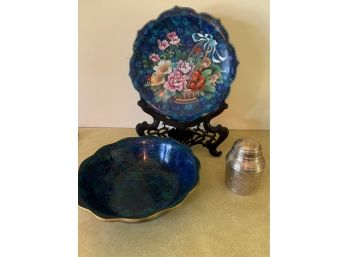 Decor - Brass Bowl, Plate, Plate Stand And Silver Like Embossed Jar