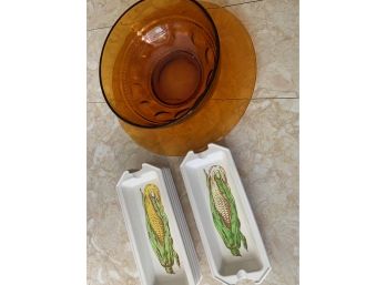 Misc Kitchen Serving Items Including Amber Colored Bowl And Platter