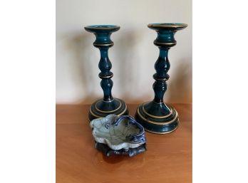 Decorative Glass Candlesticks And Dish