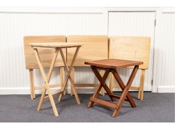 Four Wooden TV Trays & One Small Folding Garden Table