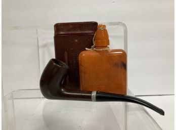 Vintage Tobacco Pipe And Flask In Leather Case