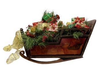 Wooden Table Sled Filled W/ Holiday Decorations