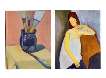 Two Oil On Canvas Paintings - Still Life & Modigliani Inspired Woman