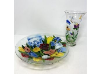 Floral Fused Glass Dish With Painted Glass Vase